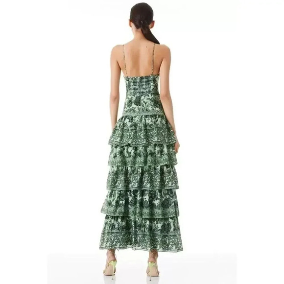NWT Alice + Olivia Valencia Floral Sage Green Tiered Maxi Dress Size 2 - Picture 7 of 16